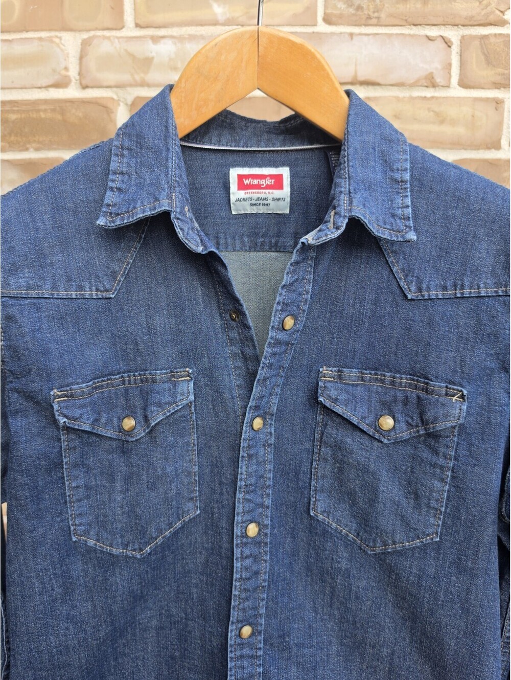 Wrangler Denim Western Shirt Mens Medium Blue Pearl Snap Cowboy Stretch
